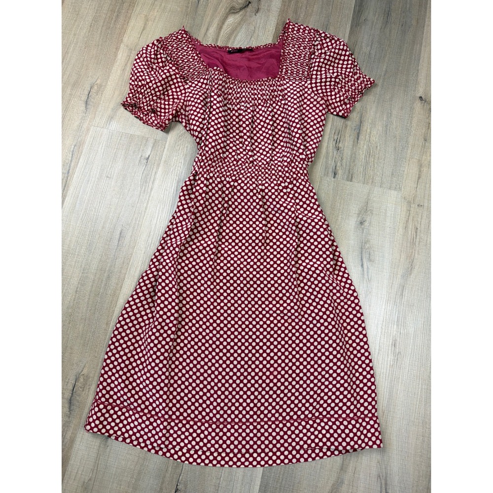 Betsey Johnson Vintage Silk Polka Dot Smocked Puff Sleeve Dress Burgundy Size 6